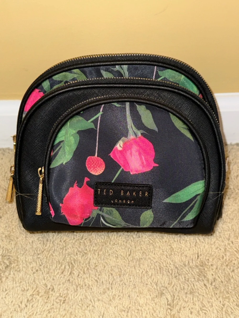 Ted Baker Black Floral Makeup Pouch with Pink Blooms